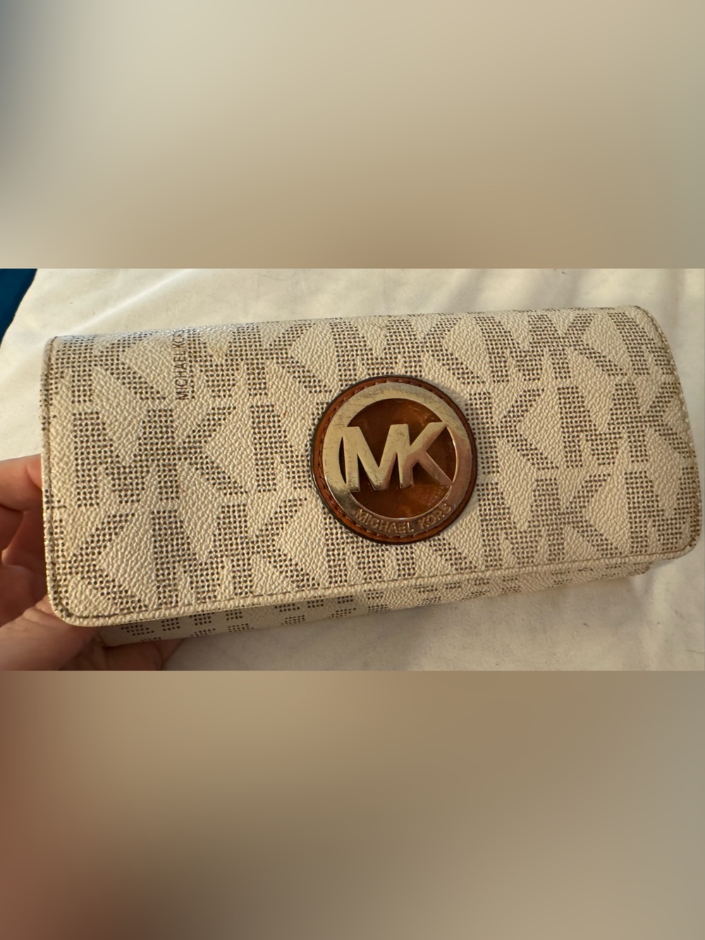 Michael Kors Cream Logo Card Holder with Gold-Tone MK Medallion